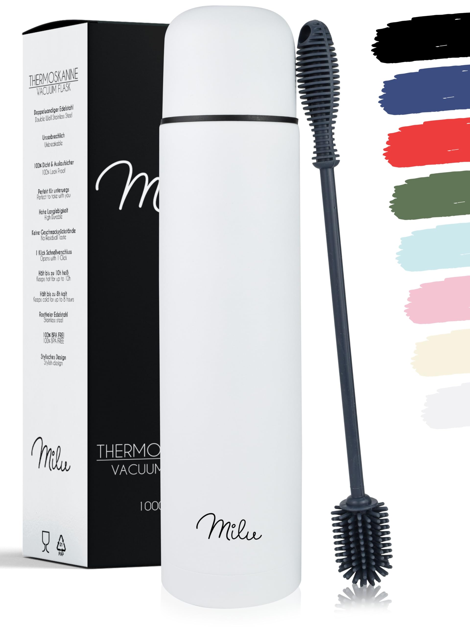 Milu Thermosflasche Thermoskanne Isolierflasche 1L - Isolierte Edelstahl Trinkflasche, 100% Auslaufsicher, Doppelwandisolierung (Weiß, 1000 ml)