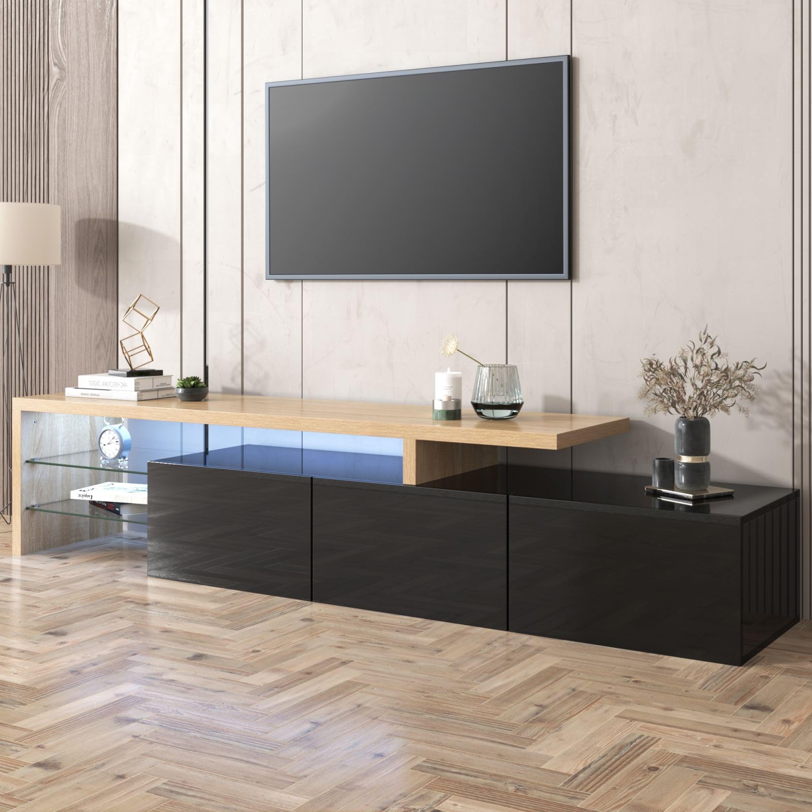 KOMHTOM Meuble TV blanc/noir avec LED, buffet avec 3 portes et 2 plateaux en verre, meuble multifonctionnel pour salon et chambre (Noir)