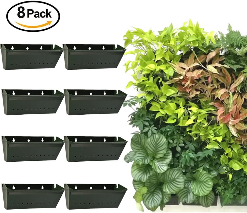 Pack of 8, Vertical Garden Planter 9.8'' Length Eco-friendly Durable PP Resin Wall Mount Hanging Growing Plant Pot for Home Office Indoor Outdoor Use (Dark Green)