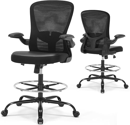 Silla de dibujo ergonómica, silla de escritorio de pie con soporte lumbar, silla de oficina alta con brazos abatibles, reposapiés, silla de