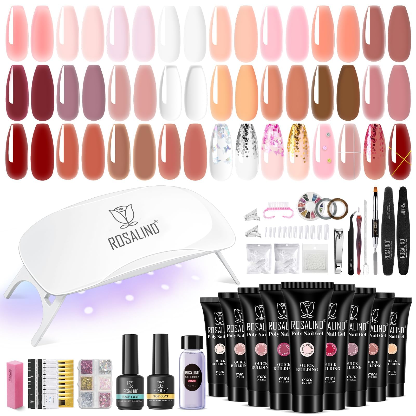 ROSALIND Poly Nail Gel Kit -20 Colors + 76 Nail Art Accessories kit Clear Nude Poly Nails Gel Starter Kit With Slip Solution Pro Nude Pink Nail