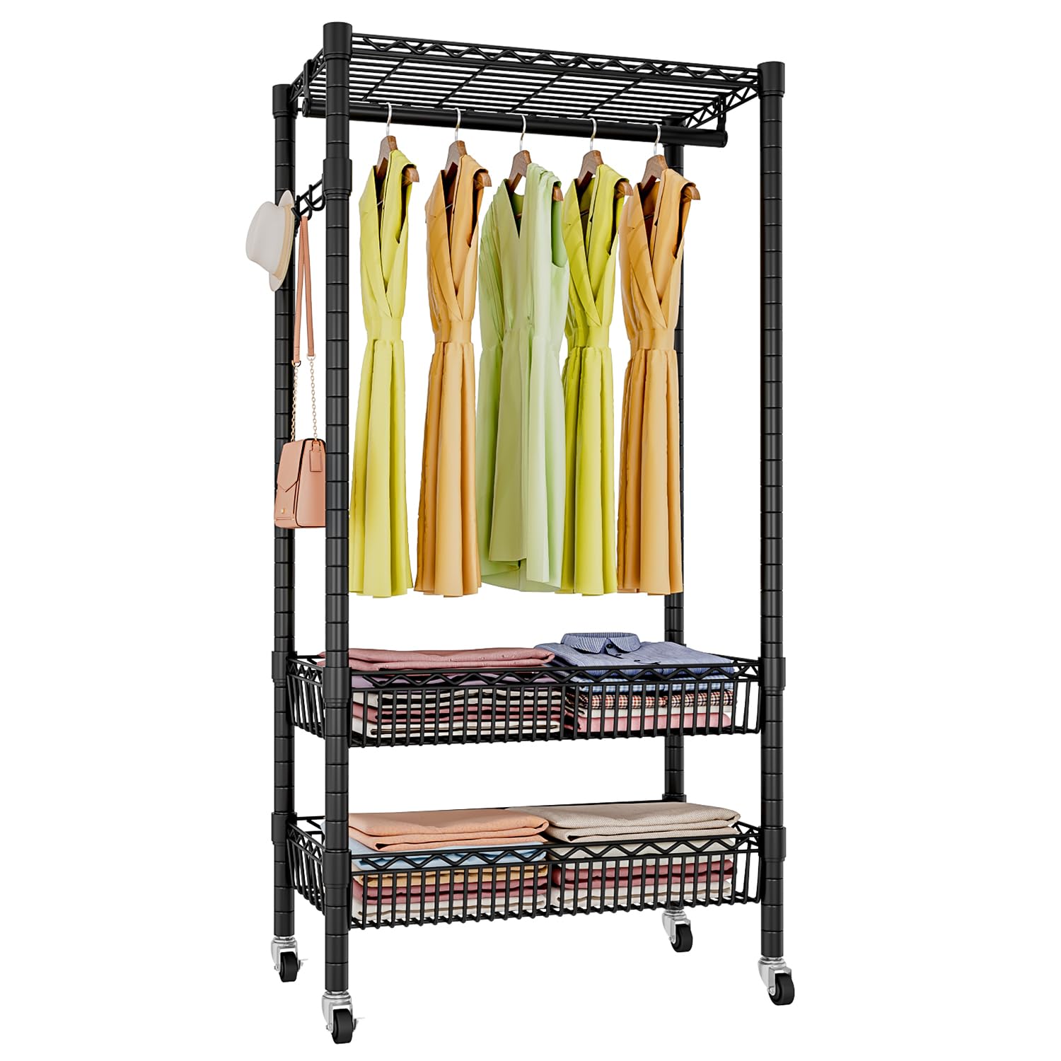 Fyzeg Wire Garment Rack, Rolling Clothes Rack for Hanging Clothes, Freestanding Portable Closet Rack with Hanging Rod Metal Basket Heavy Duty Clothing Racks Storage Shelves Laundry Cart on Wheels