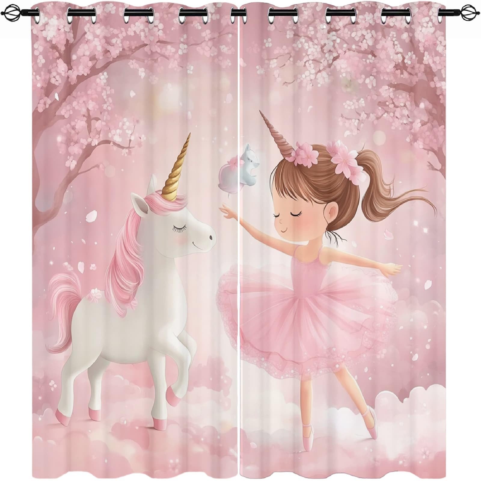 Generisch Vorhänge Blickdicht mit Ösen Cartoon-MäDchen-Einhorn Verdunklungsvorhänge Kinderzimmer Vorhang H225 x B140 cm (2er Pack) Rosa Gardinen für Schlafzimmer Schlafzimmer Fensterdekoration