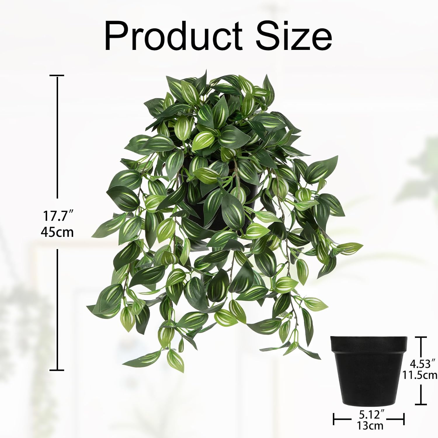 Briful Artificial Hanging Plants in Black Pot 17.7" Lifelike Trailing Faux Watermelon Peperomia Silk Plant with Cascading Green Leaves Fake Hanging Greenery for Indoor & Outdoor Home Garden Décor
