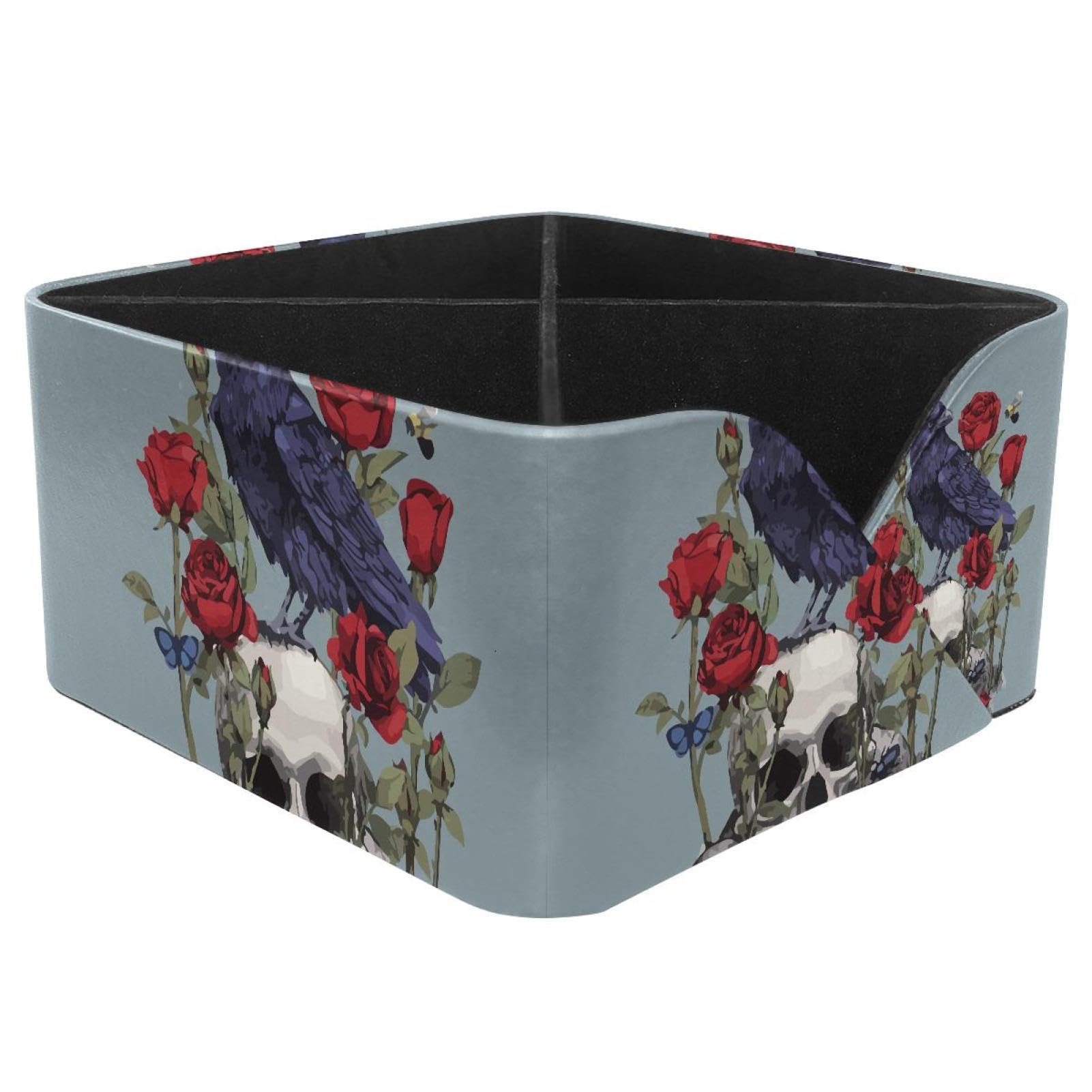 KengjuTesu Crow Skull Rose Desktop Organizer Pen Holder, Rectangular Pencil Cup for Office, Study and Makeup Stations