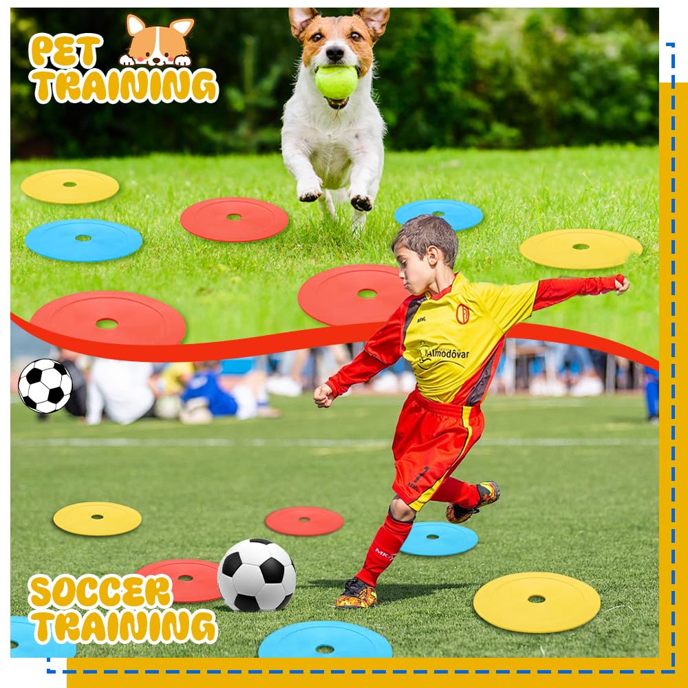 24 Pezzi Cinesini Piatti Allenamento 15cm, Coni Piatti Colorati, Antiscivolo con Supporto per Riporre, Attrezzatura Allenamento di Agilità e velocità, per Calcio, Basket, Pallamano e Altro