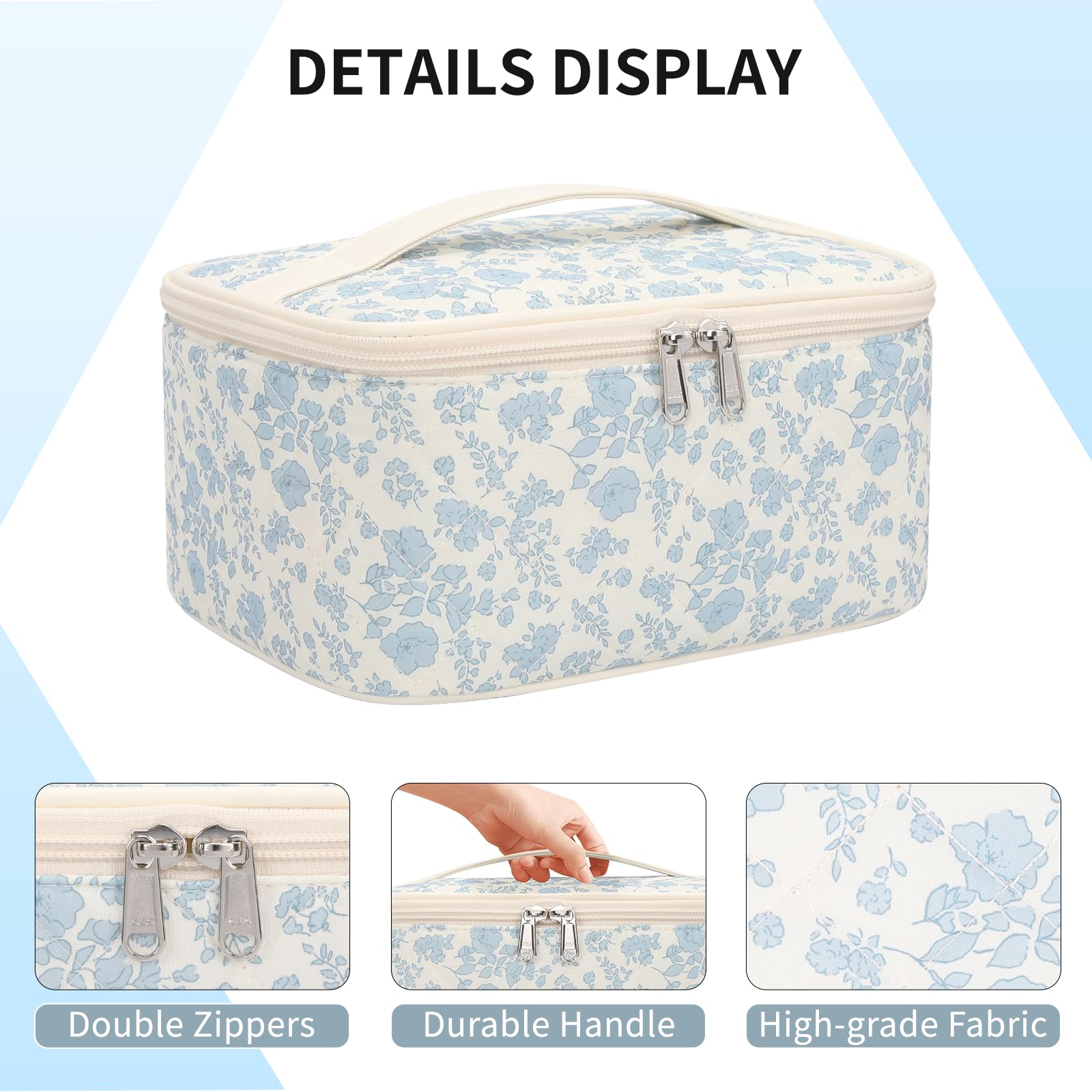 Make-up-Tasche, Tragbare Kosmetische Tasche, Reise-Make-up-Fall-Organisator der großen Kapazität, Schwarz für Frauen-Toilettentasche für Mädchen, die mit Griff und Teiler Reisen (A-blauer blumendruck)