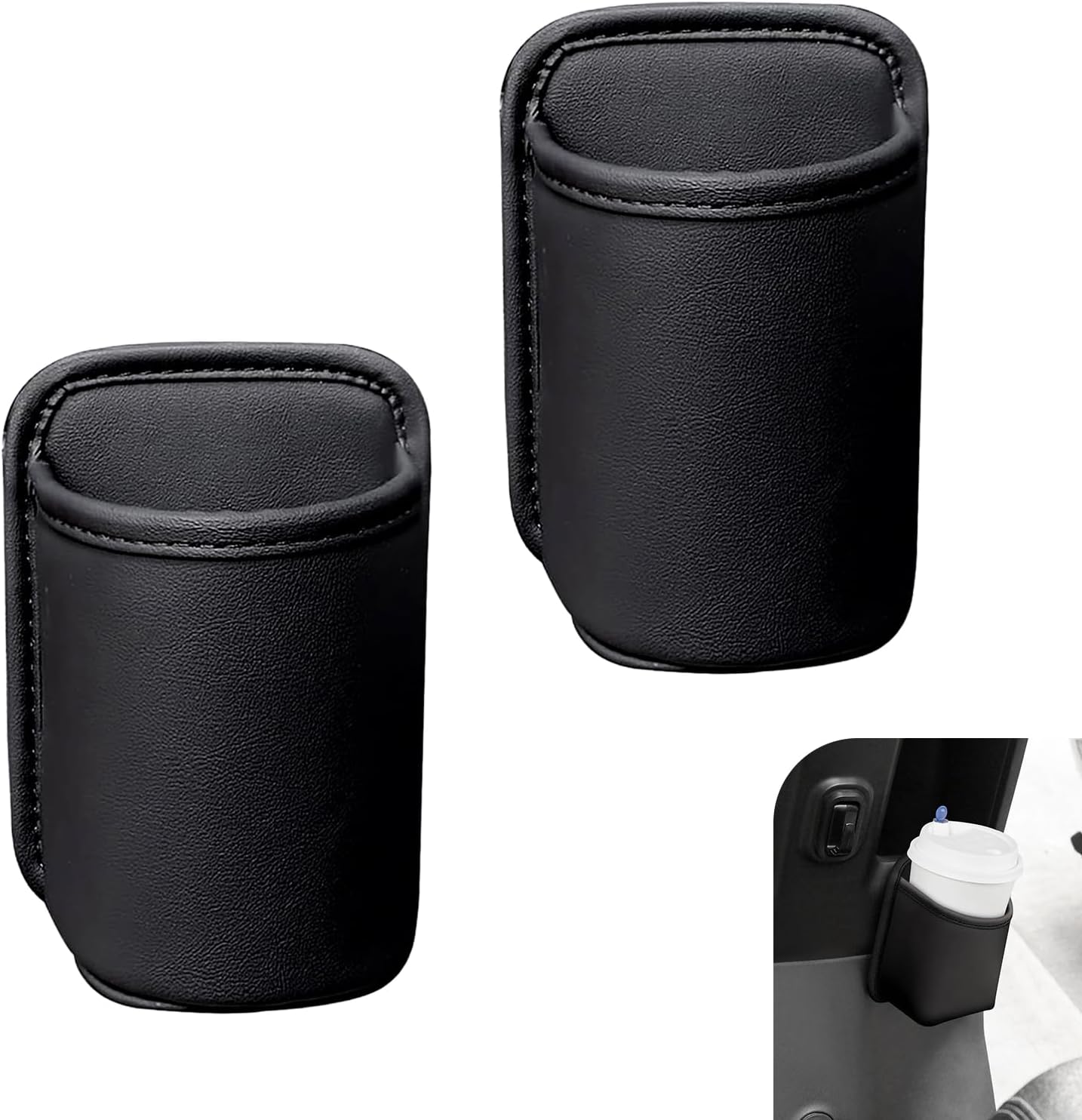 2 PCS Car Cup Holder Organizers, PU Leather Waterproof Anti-scratch Storage Holder, Multifunction Seat Back Organizer for Cup & Phone & Umbrella, Cleanable Insert Mount for Cars (Black)