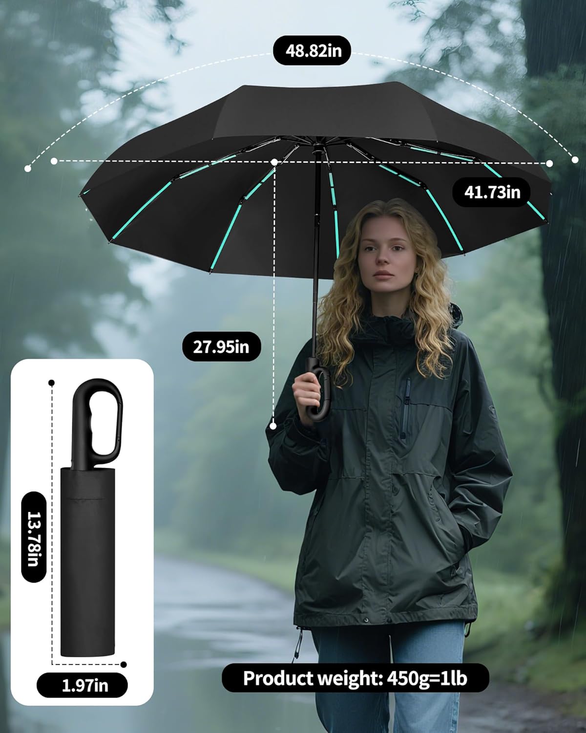 10-Shaft & 50-Rib Reinforced Windproof Umbrella, Automatic Open/Close with Carabiner Handle, Heavy-Duty Storm Resistant Umbrella for Rain and Wind, Compact Travel - Image 9