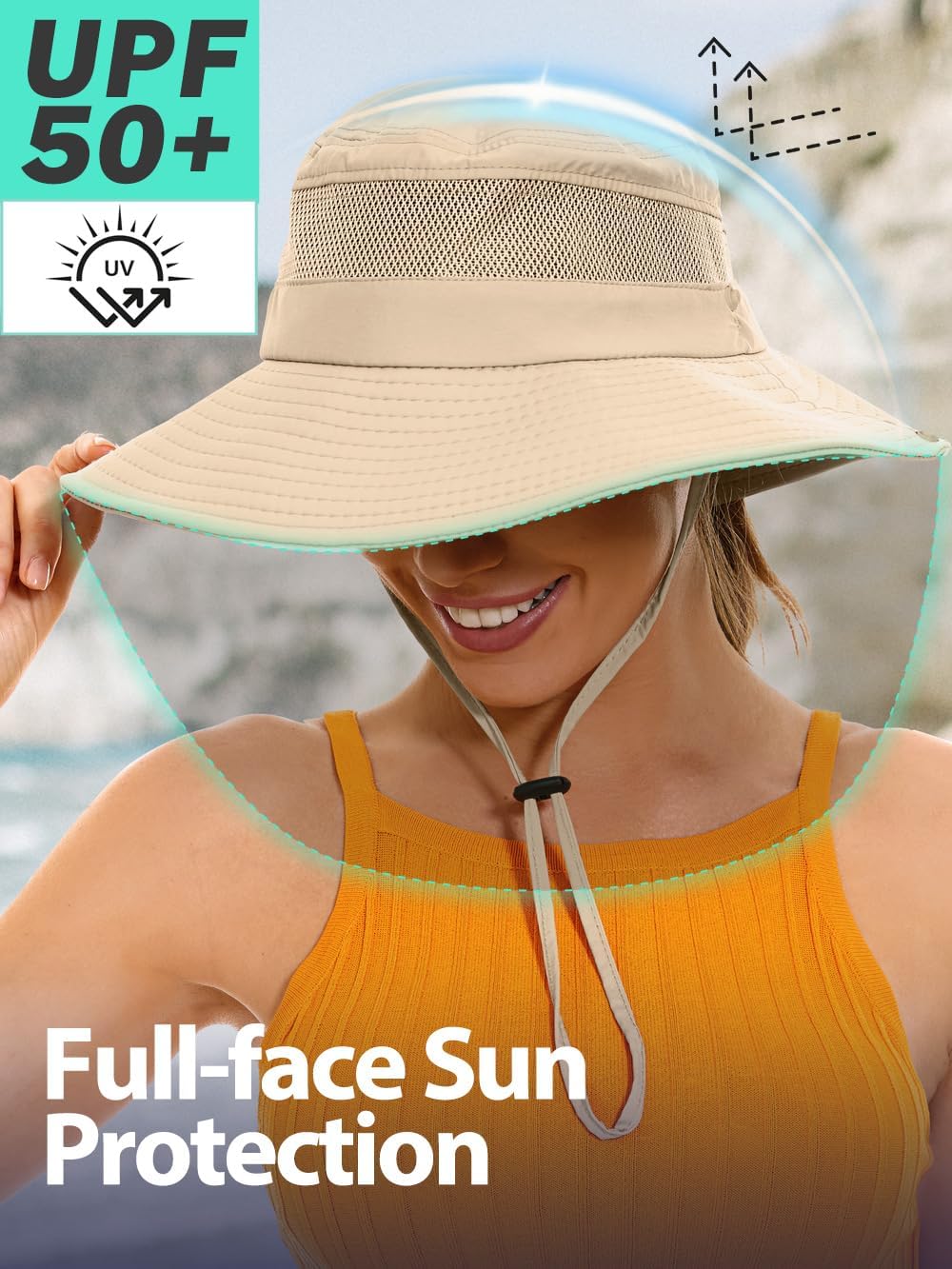 Sun Bucket Beach Hats for Women with Ponytail Hole,Sun Protection UV UPF50+ Waterproof Fishing Safari Hiking Hat - Image 4