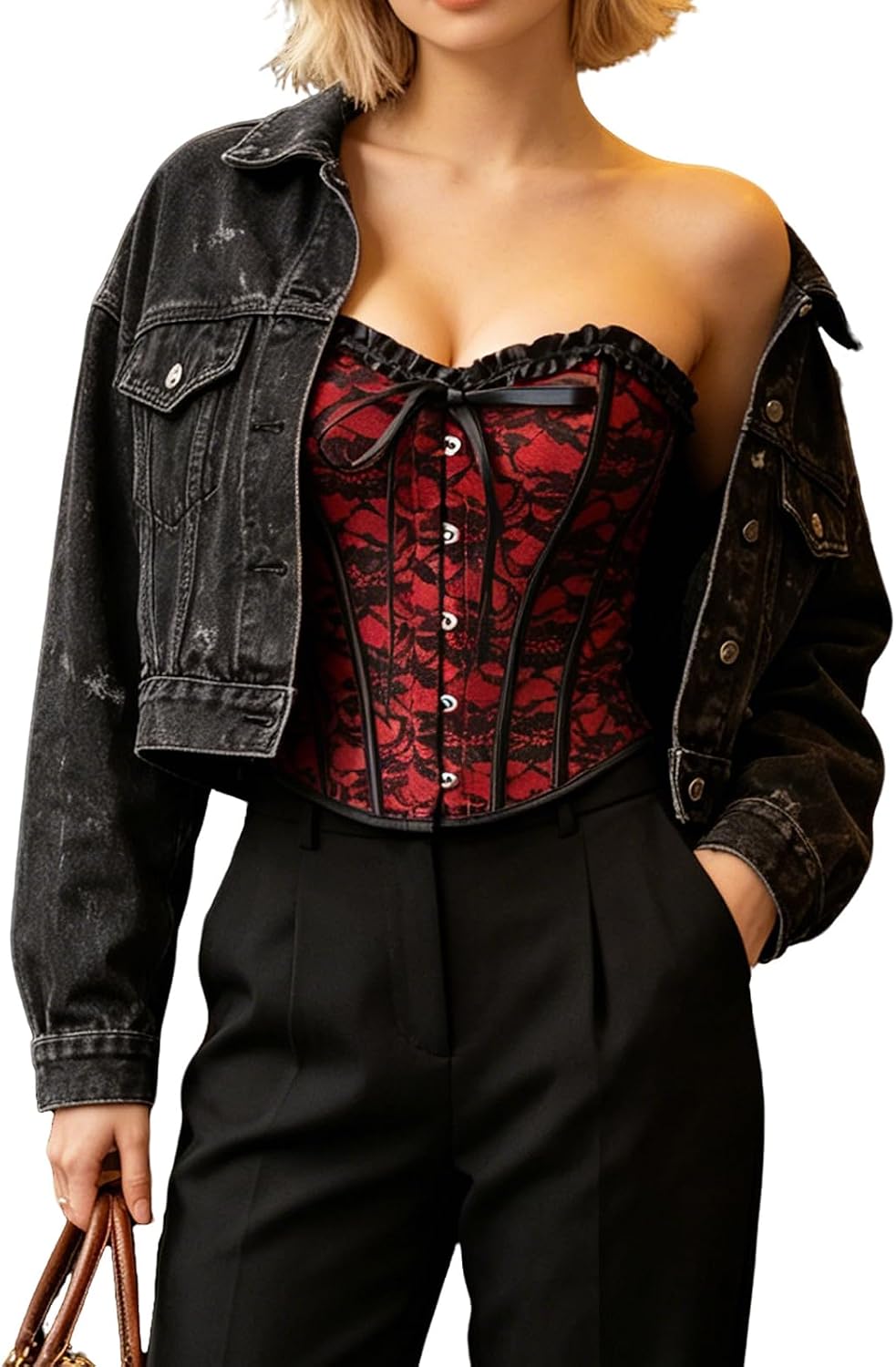 Women's Corset Top, Red and Black, Floral Lace