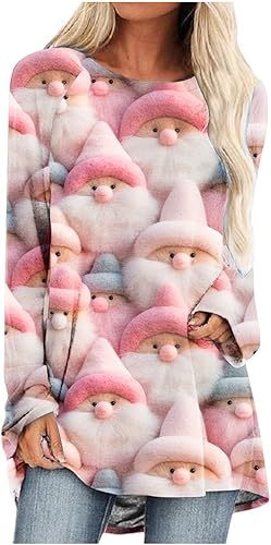 Camisas Manga Larga Navidad para Mujer, Camisetas largas estampadas a la Moda, Camisetas holgadas Cuello Redondo