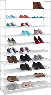Relaxdays Tela, 5 x 100 x 29 cm, para 50 Pares de Zapatos, 10 Niveles, Sistema de Ranuras, Zapatero XXL, Color Blanco, Acero aleado, 175,5x100x29 cm