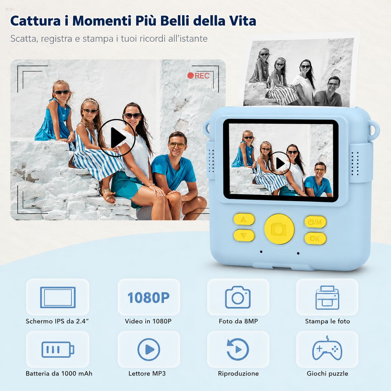 Fotocamera Istantanea Digitale per Bambini con Stampa Termica con 3 ROTOLI piu di 150 Foto, Registra i Video, Modalità MP3, Playback Multimediale e Giochi Integrati (Azzurro)