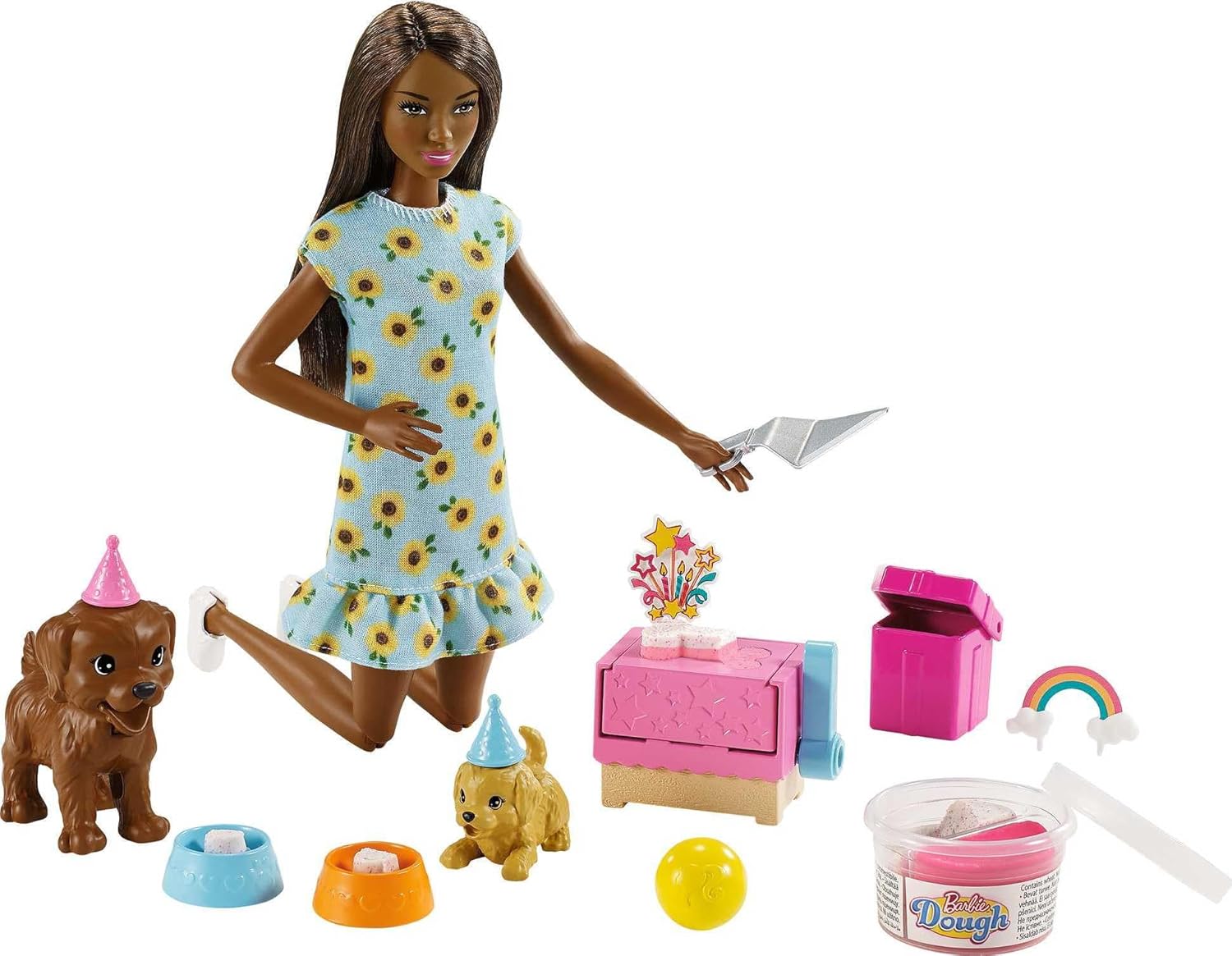 Barbie Doll (11.5-inch Brunette) and Puppy Party Playset with 2 Pet Puppies, Dough, Cake Mold and Accessories, For 3 to 7 Year Olds