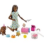 Barbie Doll (11.5-inch Brunette) and Puppy Party Playset with 2 Pet Puppies, Dough, Cake Mold and Accessories, For 3 to 7 Year Olds