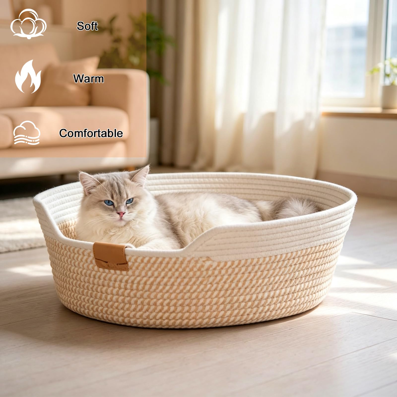 Nid pour Chat, Panier Tressé pour Chat, Cotton Corde Panier, Lit Douillet De Qualité Supérieure, Respirant Lavable pour Tous Les, Toutes Saisons, Universel, 50 * 15cm, Gris Et Kaki