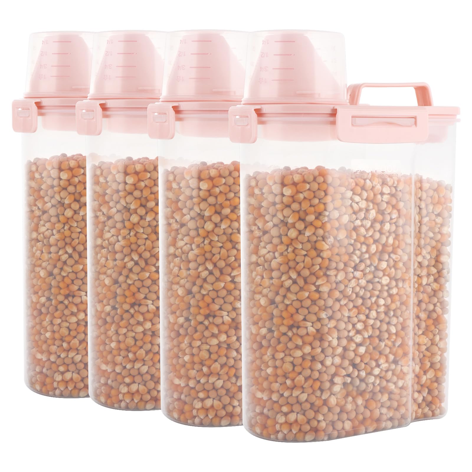 4 recipientes de almacenamiento de cereales con boquilla, contenedor de almacenamiento de alimentos para perros de 3 litros con taza medidora, contenedores de almacenamiento de harina rosa,