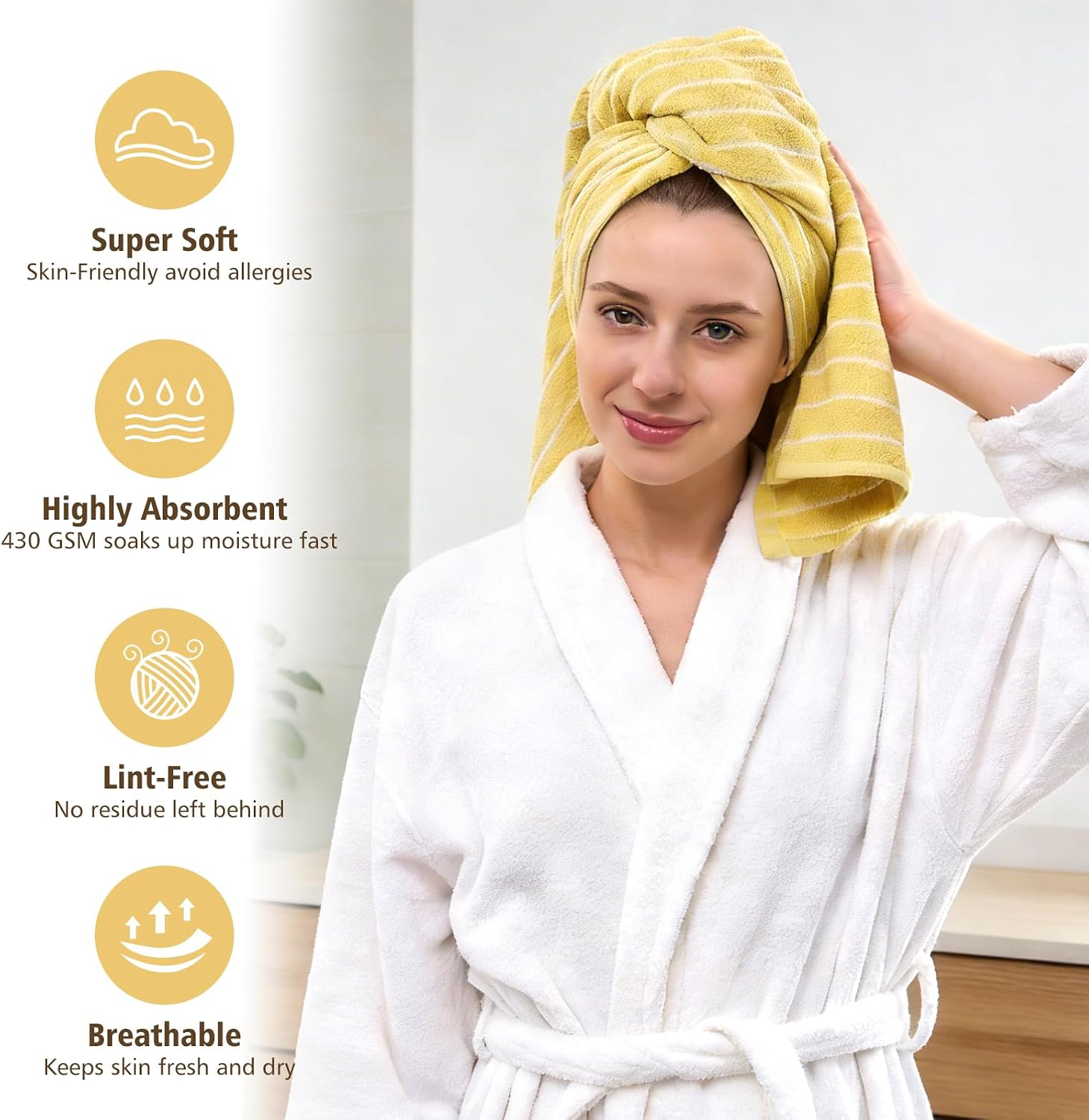 HEAVYWOOD Bath Towels Set of 2 Striped 100% Cotton Reversible, Soft & Absorbent Decorative Bath Towel for Bathroom Clearance (Yellow/White Stripe, 2Pack)