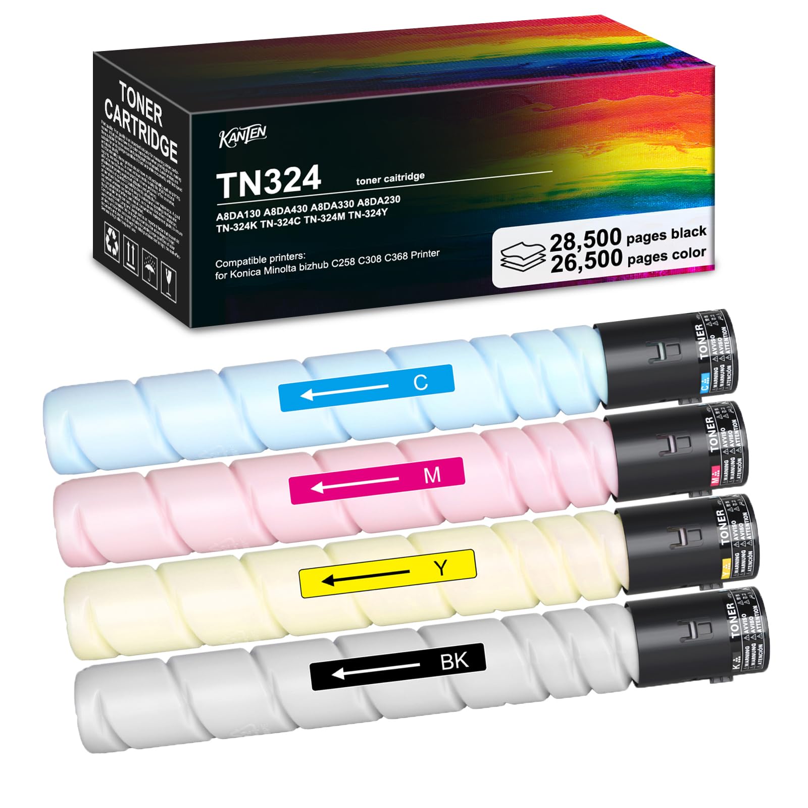 KANTEN TN-324 TN324 TN 324 Toner Cartridge KCMY (with Chip) 4-Pack TN324K TN324C TN324M TN324Y with chip Replacement for Konica Minolta Bizhub C258