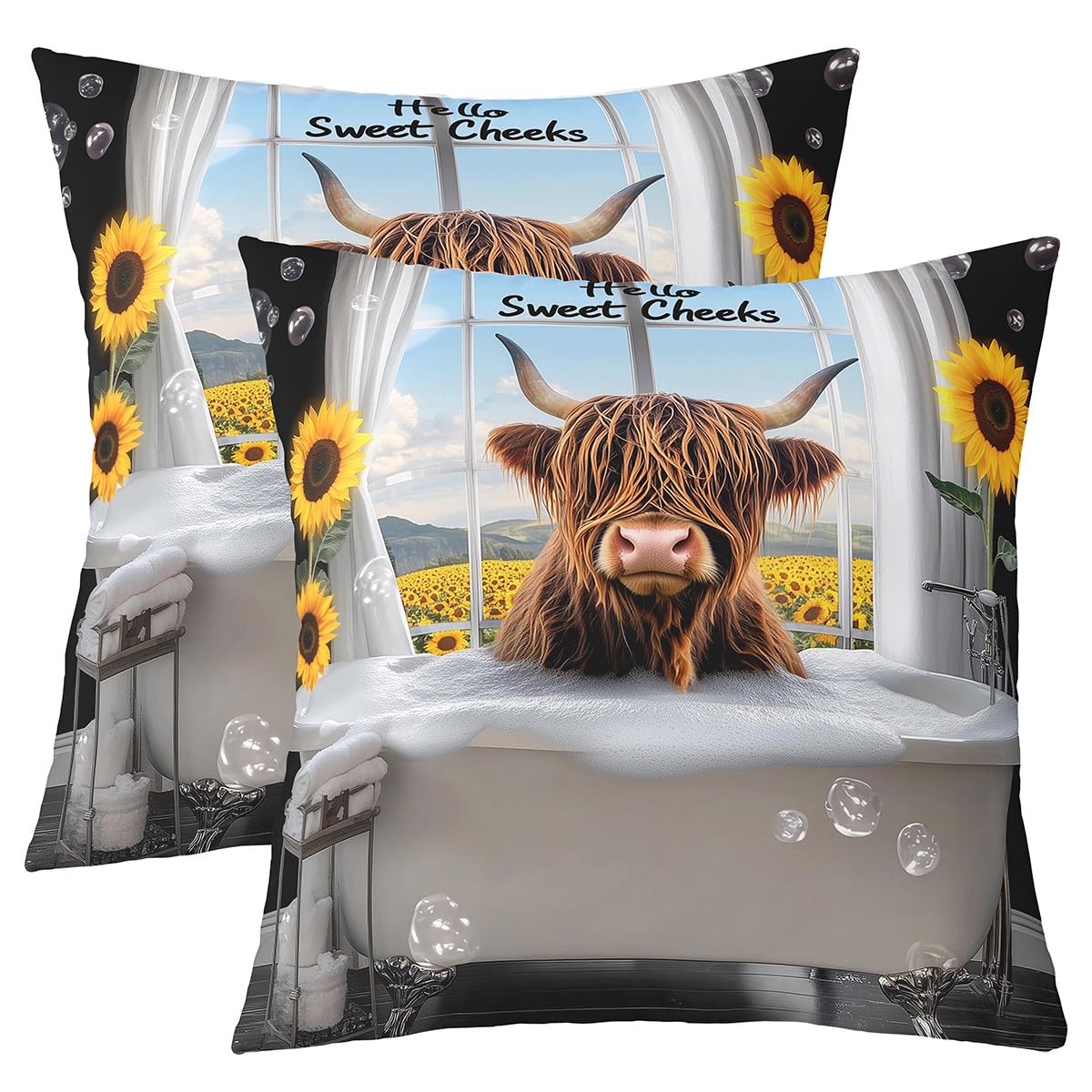 Homemissing Highland Cow Cushion Covers Set of 2 50x50cm For Kids Boys Girls Teens Highland Cow Pillow Covers Yellow Flowers Pattern Pillow Case For Sofa Bed Chair — image 1