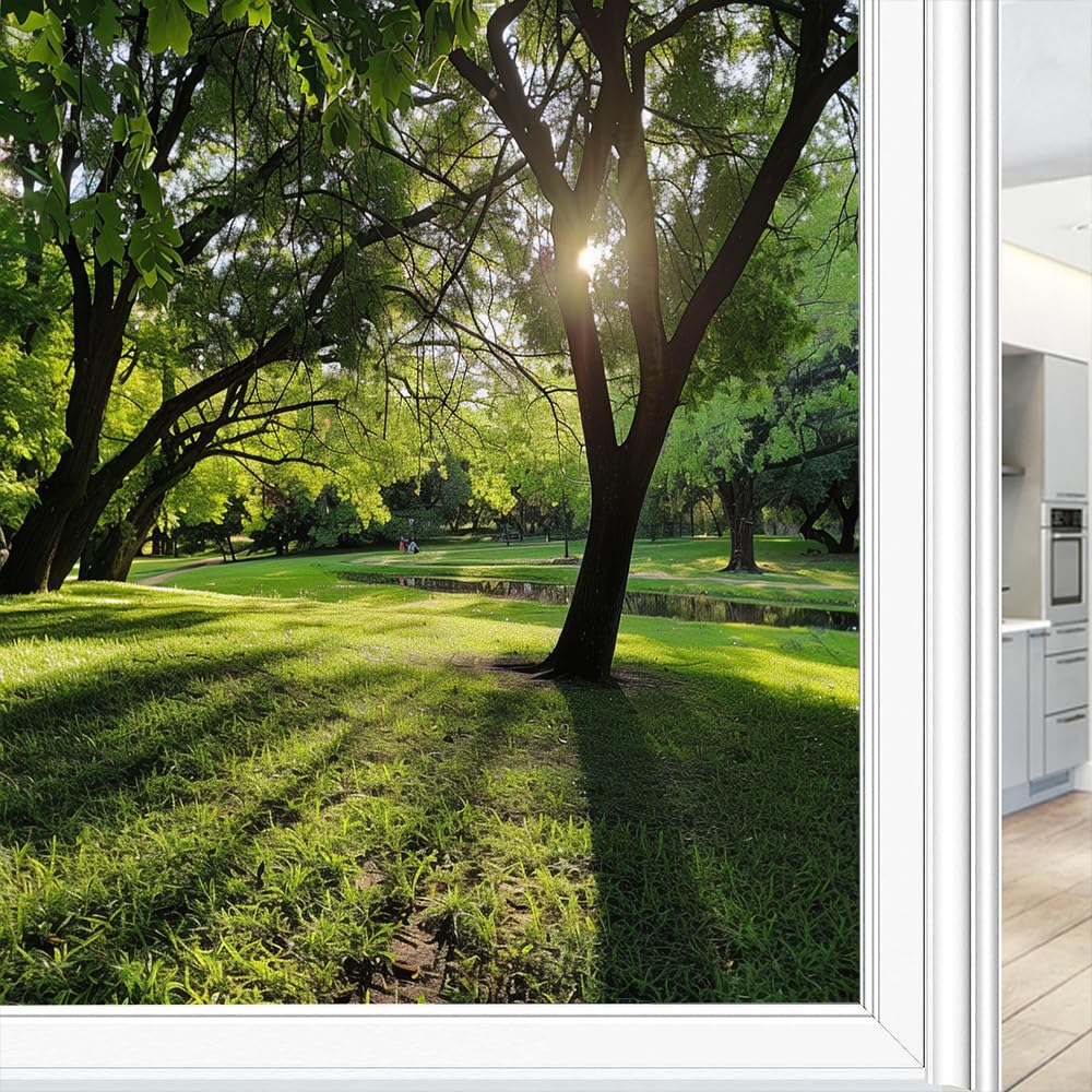 Fyfmushe Modern Park Landscape Window Film Privacy Summer Trees Woods Nature Decorative Stained Static Cling Window Sticker For Home, 45X60 Cm