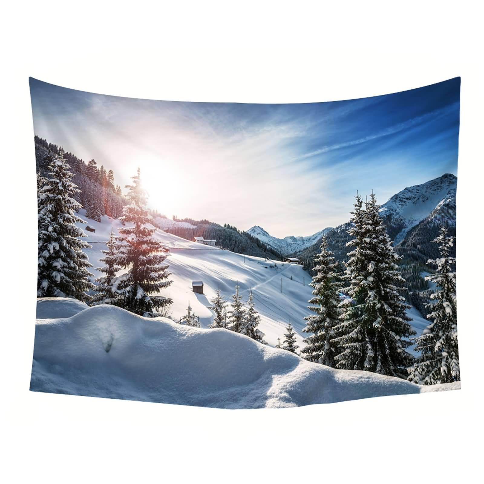 Natur Tapisserie Wandbehang | Polyester Natürlicher Baum Berg Schnee Winterlandschaft Wanddeko für Schlafzimmer Wohnzimmer | Grau Blau Grün, 350x256cm
