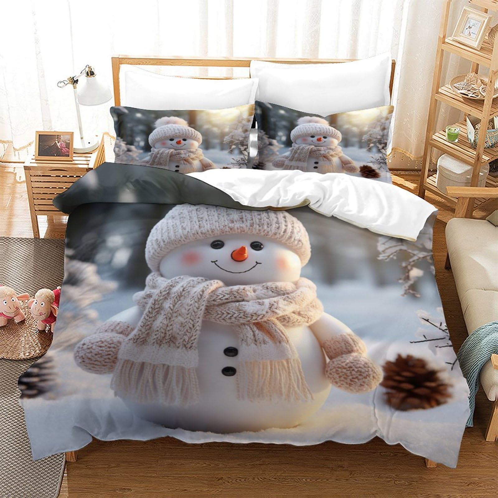 Housse de couette 140x200 microfibre lit simple bonhomme de neige
