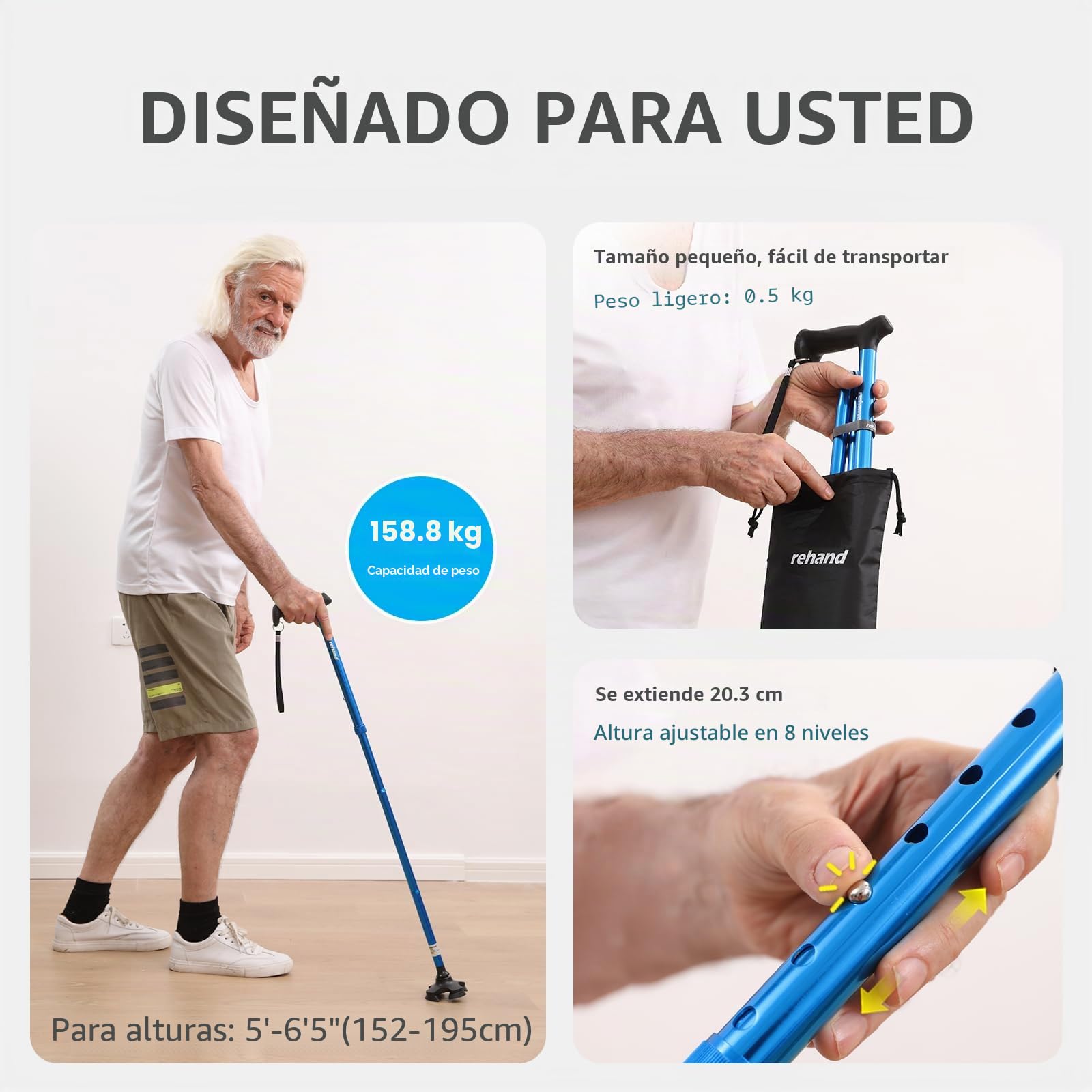 Rehand Bastón para Hombres y Mujeres, Plegable, Ajustable, Ligero, Pivote Autónomo, Agarre de Mango Suave, con Bolsa de Viaje, Bastones para Personas Mayores y Adultos