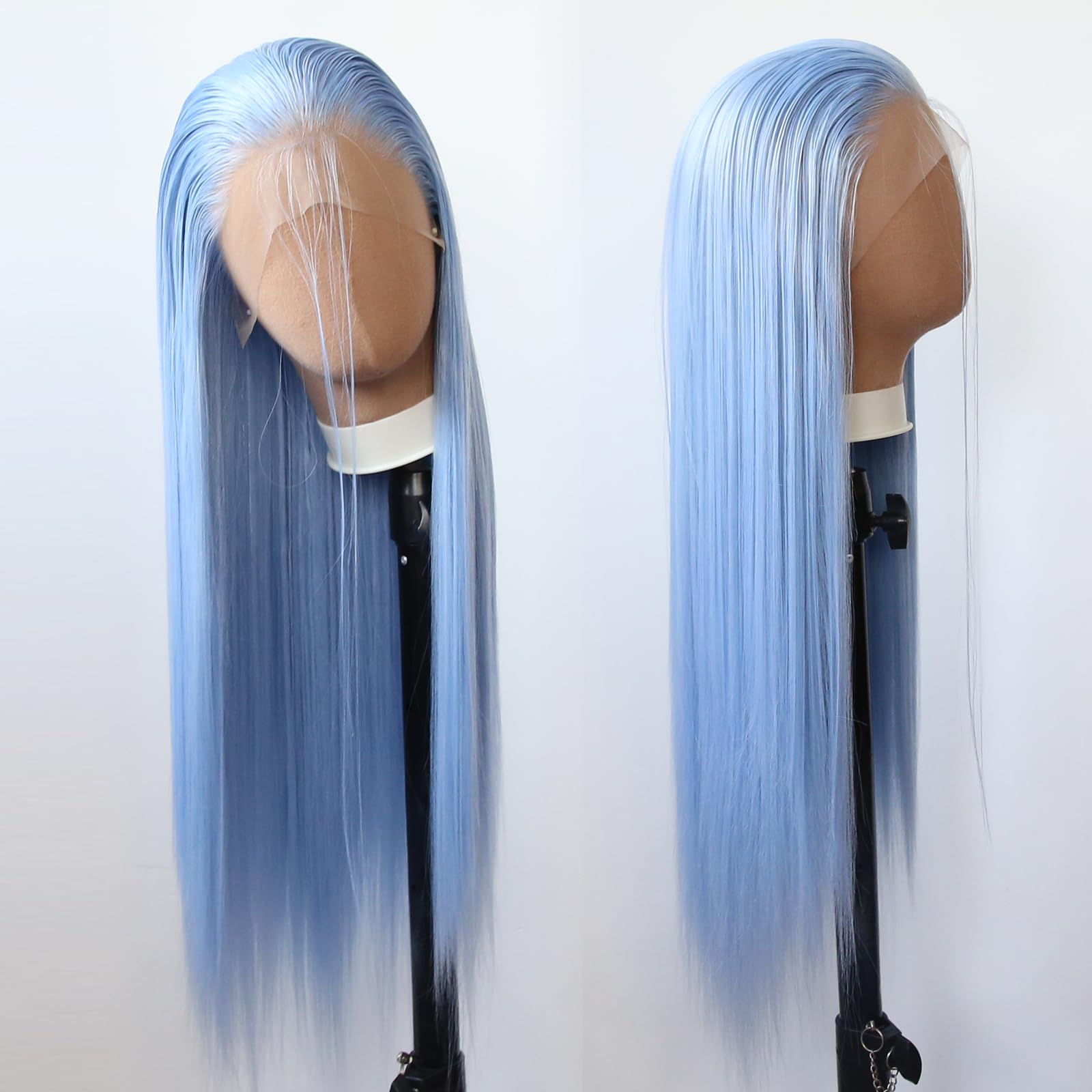Perruque bleu clair synthétique longue et raide avec dentelle frontale pour femme noire résistante à la chaleur pour cosplay, usage quotidien (bleu clair)
