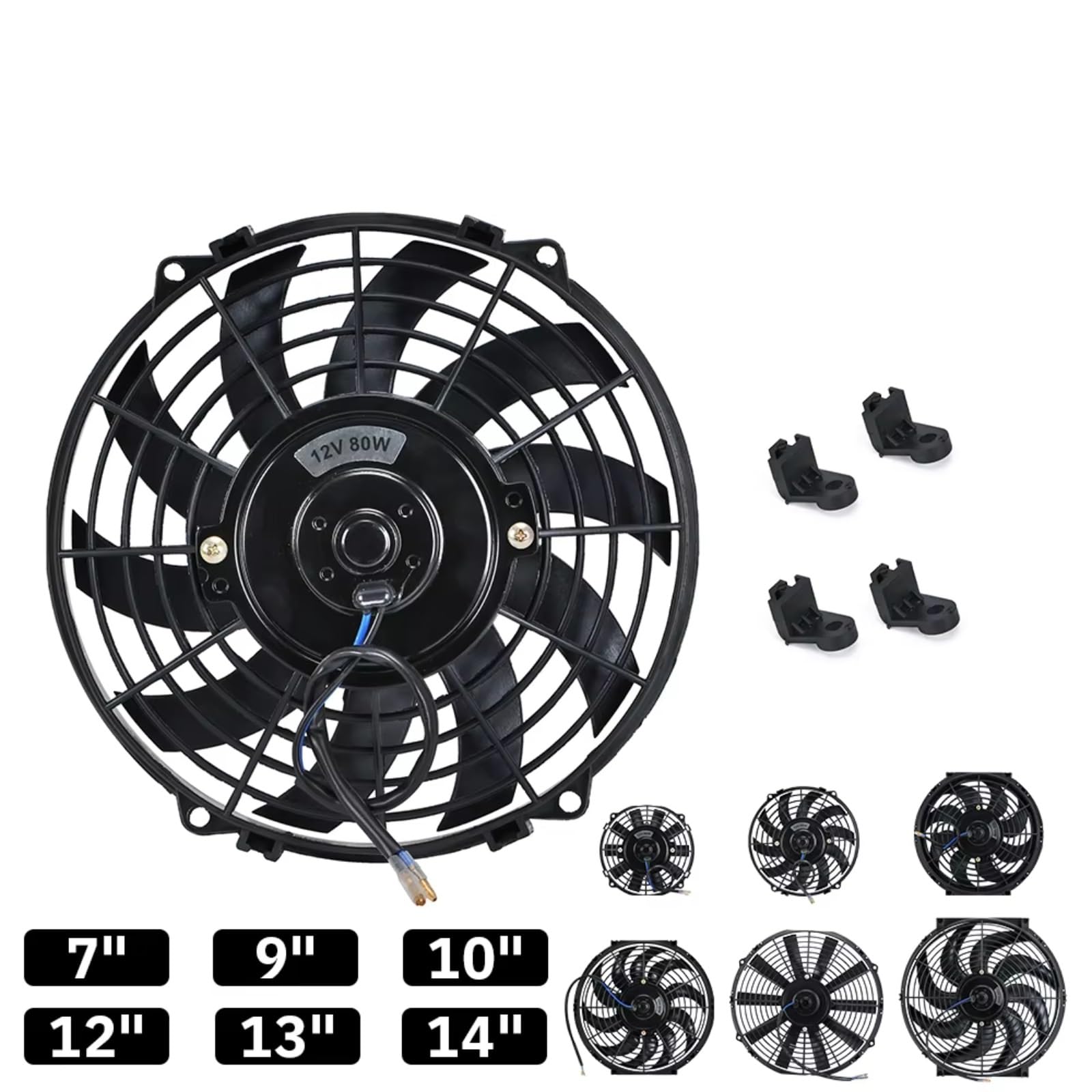 Elektryczny wentylator chłodnicy, 7", uniwersalny, 12 V, 80 W, smukły, odwracalne czarne łopatki, zestaw montażowy