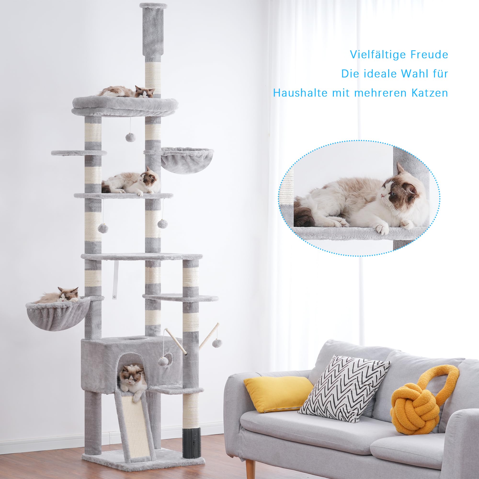 Hey-brother Kratzbaum, Höhenverstellbarer XXL Katzenbaum 250cm-280cm, der bis zur Decke reicht, Katzenturm für große Katzen, mit Höhle, Hellgrau 0MPJ091W