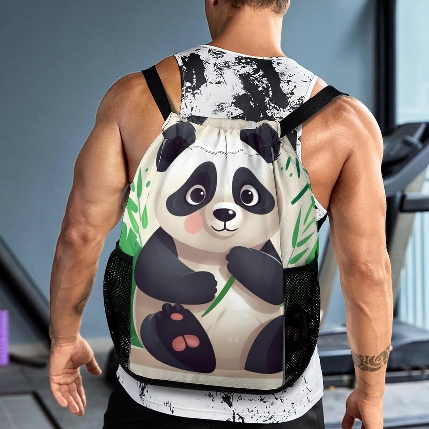 Small Gym Bag Panda Star Printed Drawstring Gym Bag for Men Lightweight Waterproof Drawstring Backpack for Women with Shoe Compartment for Travel Tourism Work And Fitness