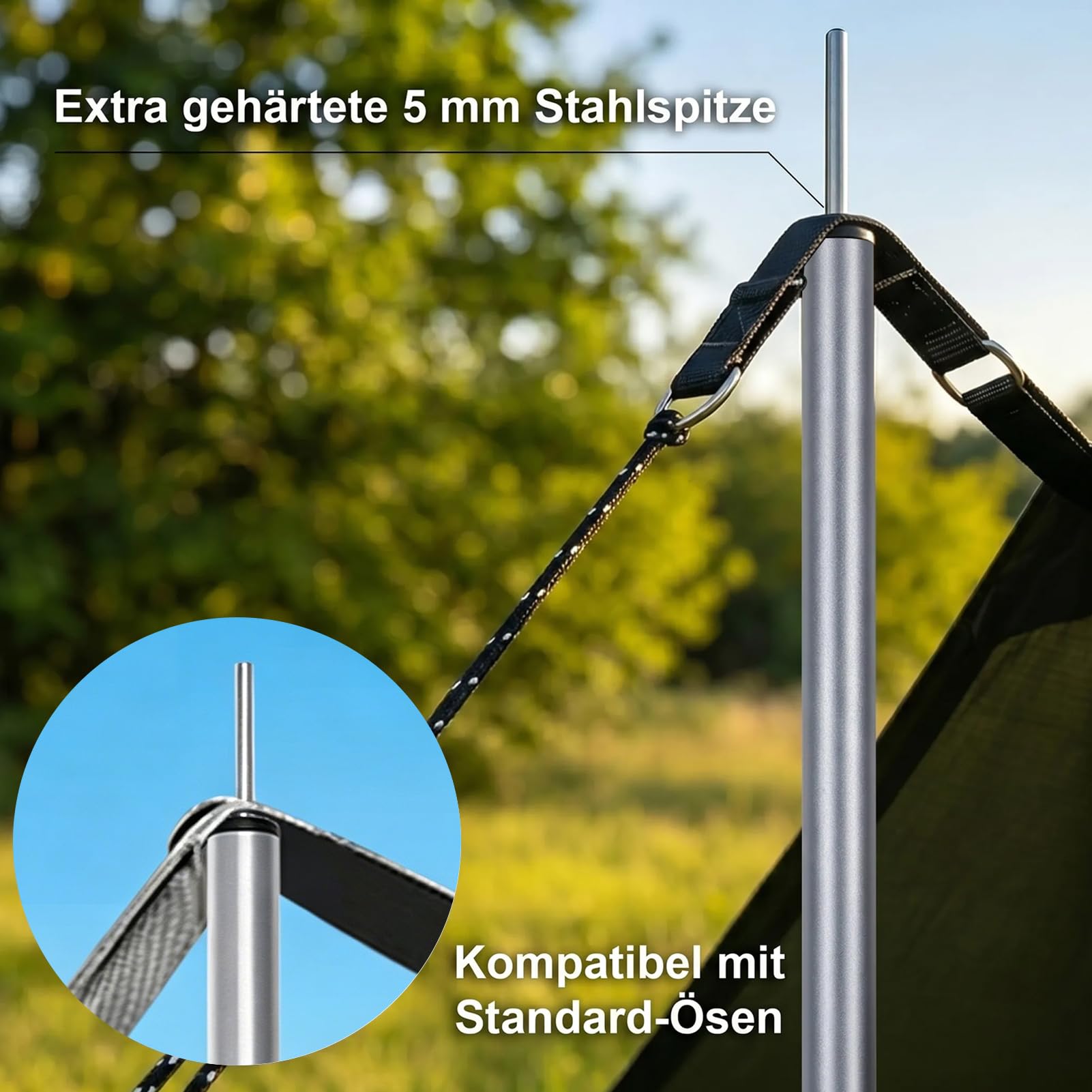 Zeltstange 2er Set, Teleskopstange mit Erdnägeln und Abspannseilen | Leichte Aufstellstangen für Zelte & Tarp, Verstellbar 80-190cm, Aluminium Sonnensegel Stange Camping Tarpstangen mit Tasche