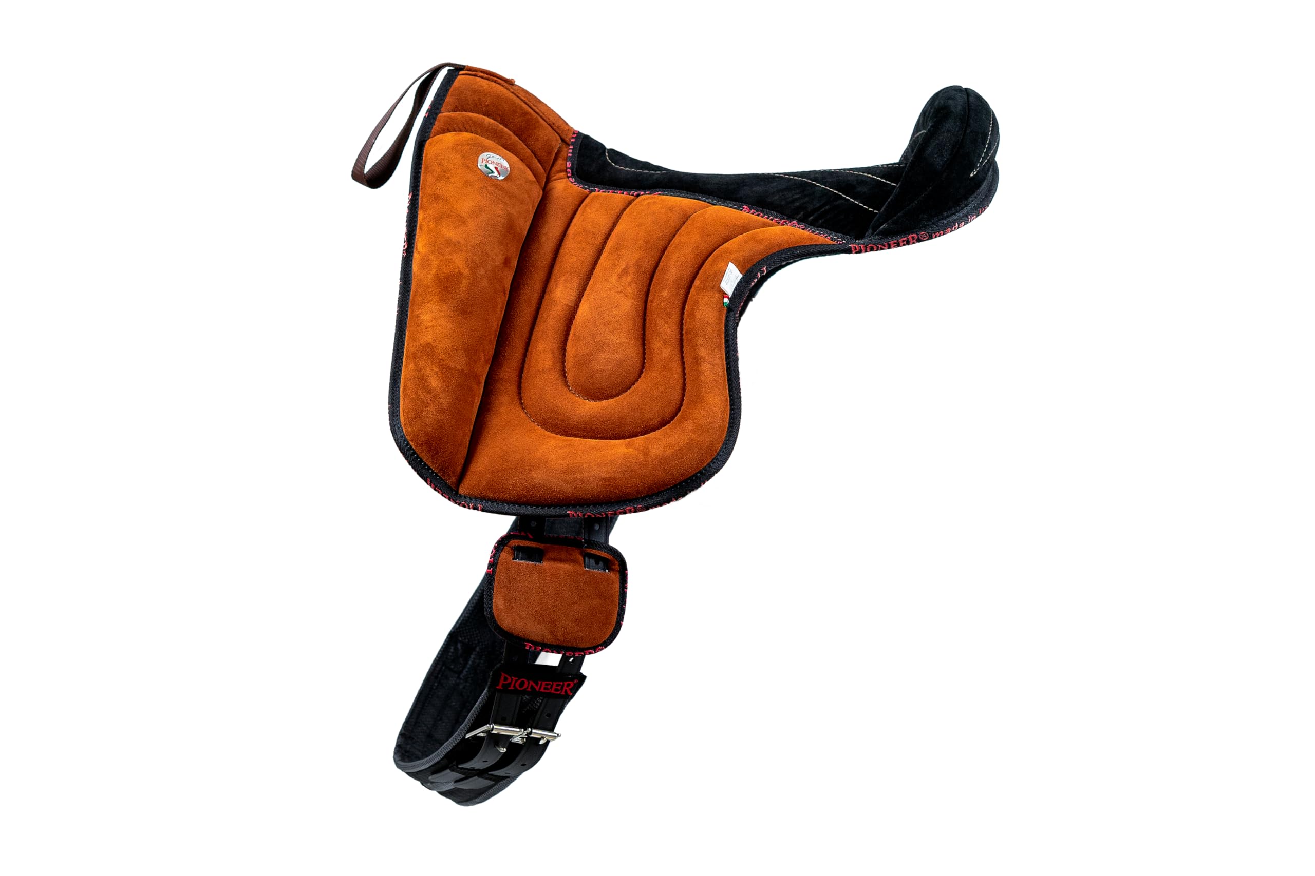PIONEER Selle Cheval en Daim pour Monte Naturelle, Selle d'Équitation Bareback 50X45 cm avec Rembourrage en Ouate et Mousse à Mémoire, Fabriquée en Italie - Sangle en Néoprène - Marron