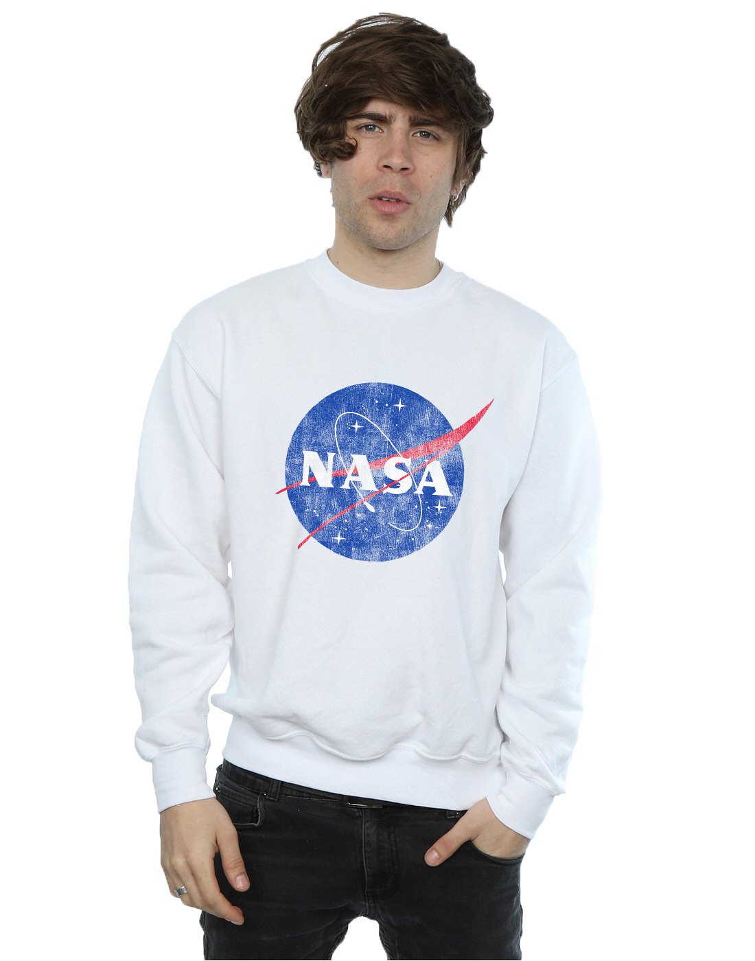 Absolute Cult NASA Men's Classic Insignia Logo Distressed Sweatshirt White XXX-Large
