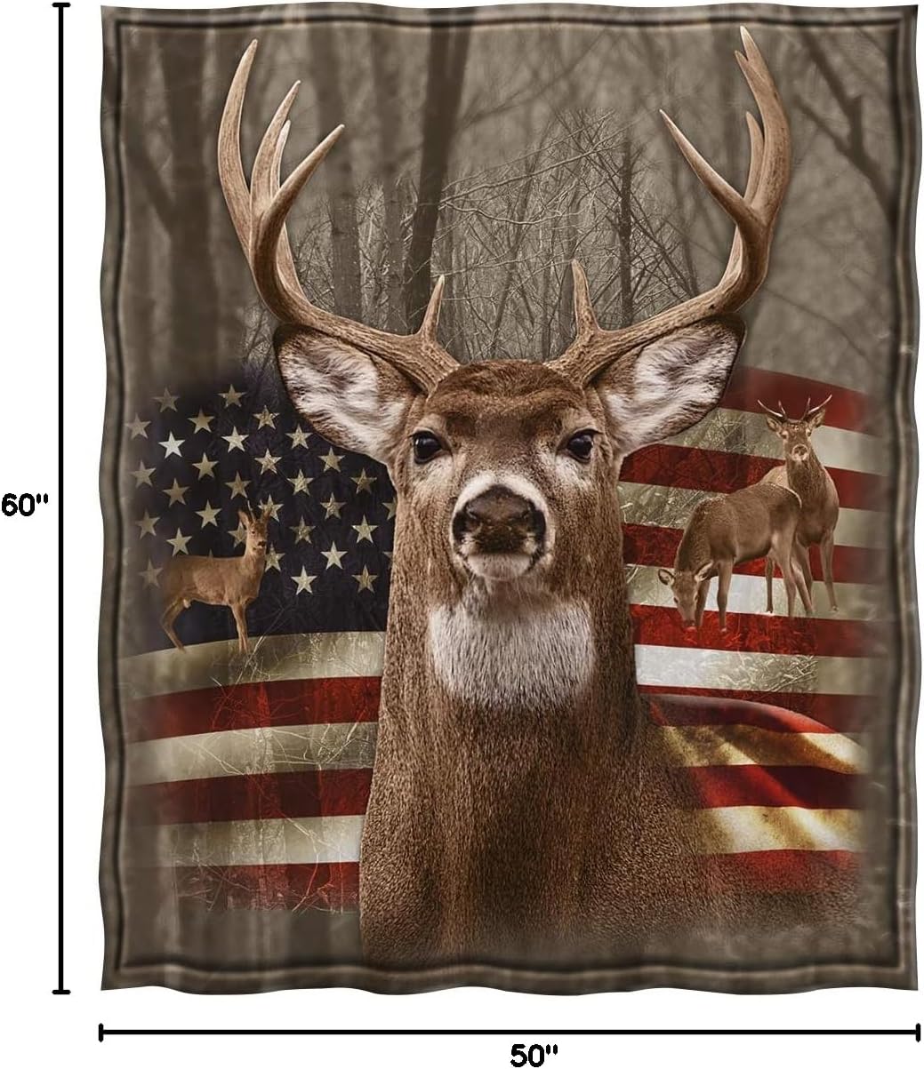 Jekeno American Flag Deer Blanket Gifts for Men, USA Flag Throw Blankets Hunting Gifts for Men Adult Kids Boys, Independence Day Deer Forest Decor for Home Bed Couch