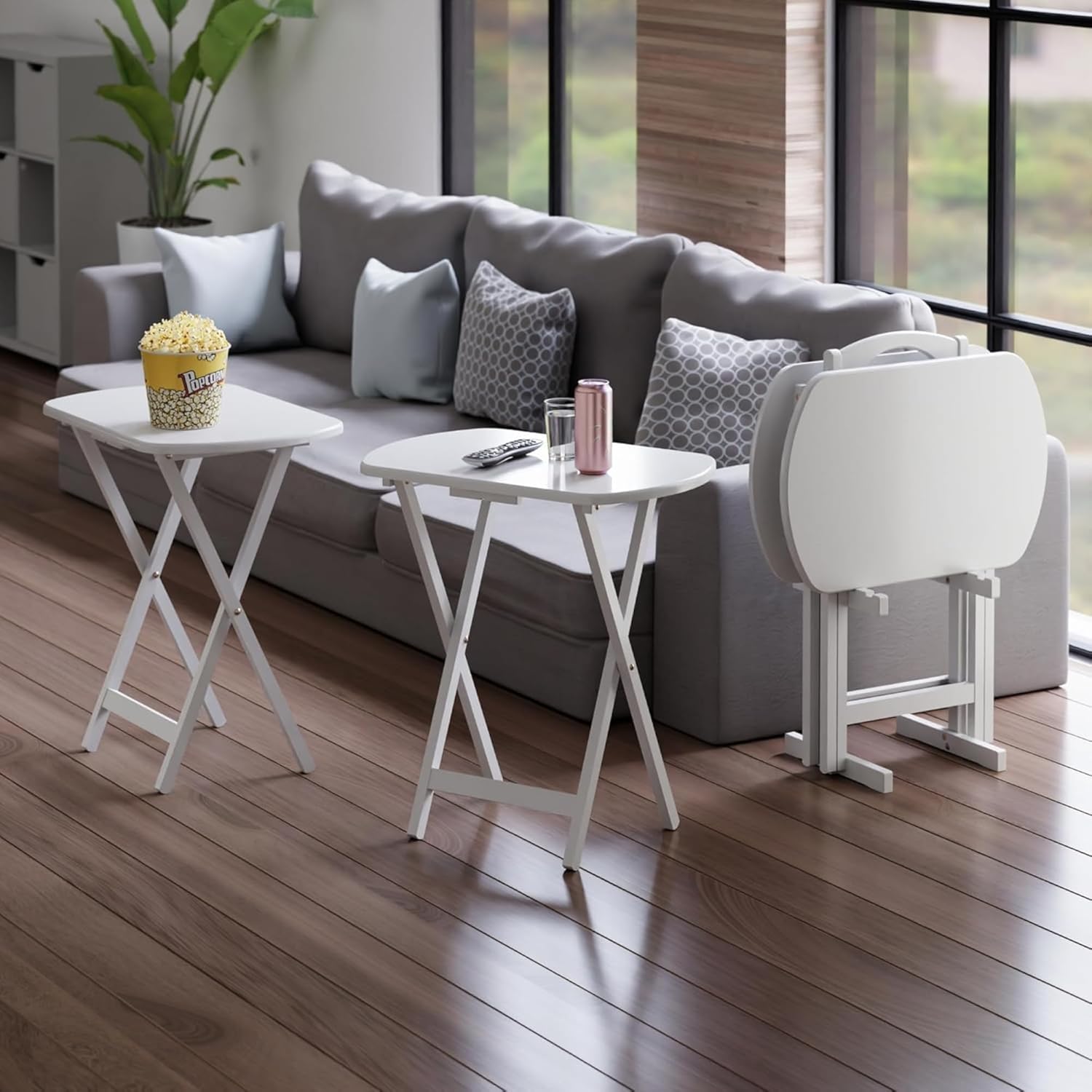 Corbett 4 Piece Oversized Snack Tables with Tray Stand Folding TV Tray Set Portable Space Saving Sofa Side Tables Durable Wood Construction Modern White Finish