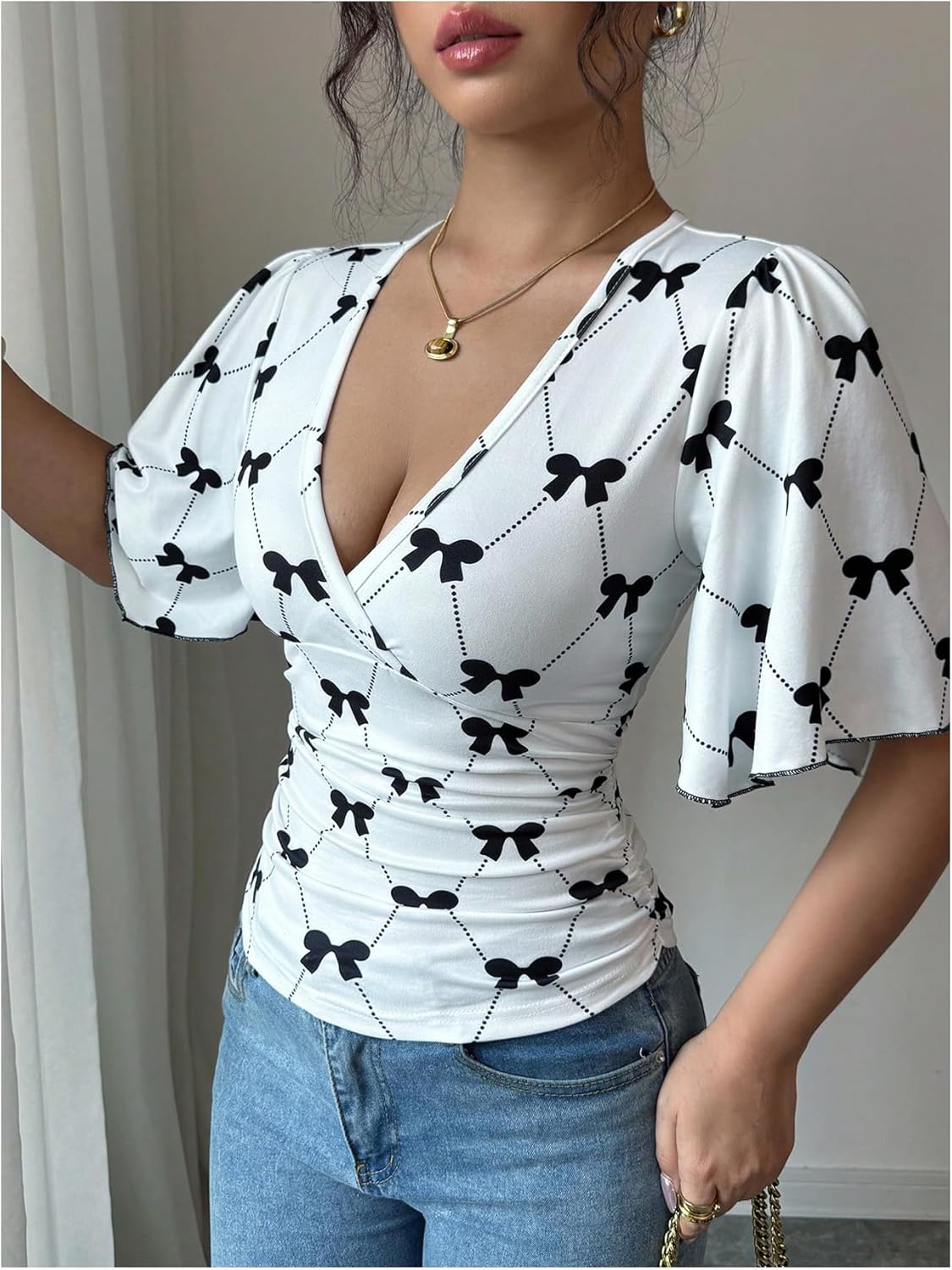 Milumia Women's Bow Knot Ruffle Short Sleeve Wrap Blouses V Neck Fitted Casual Shirts - Image 4