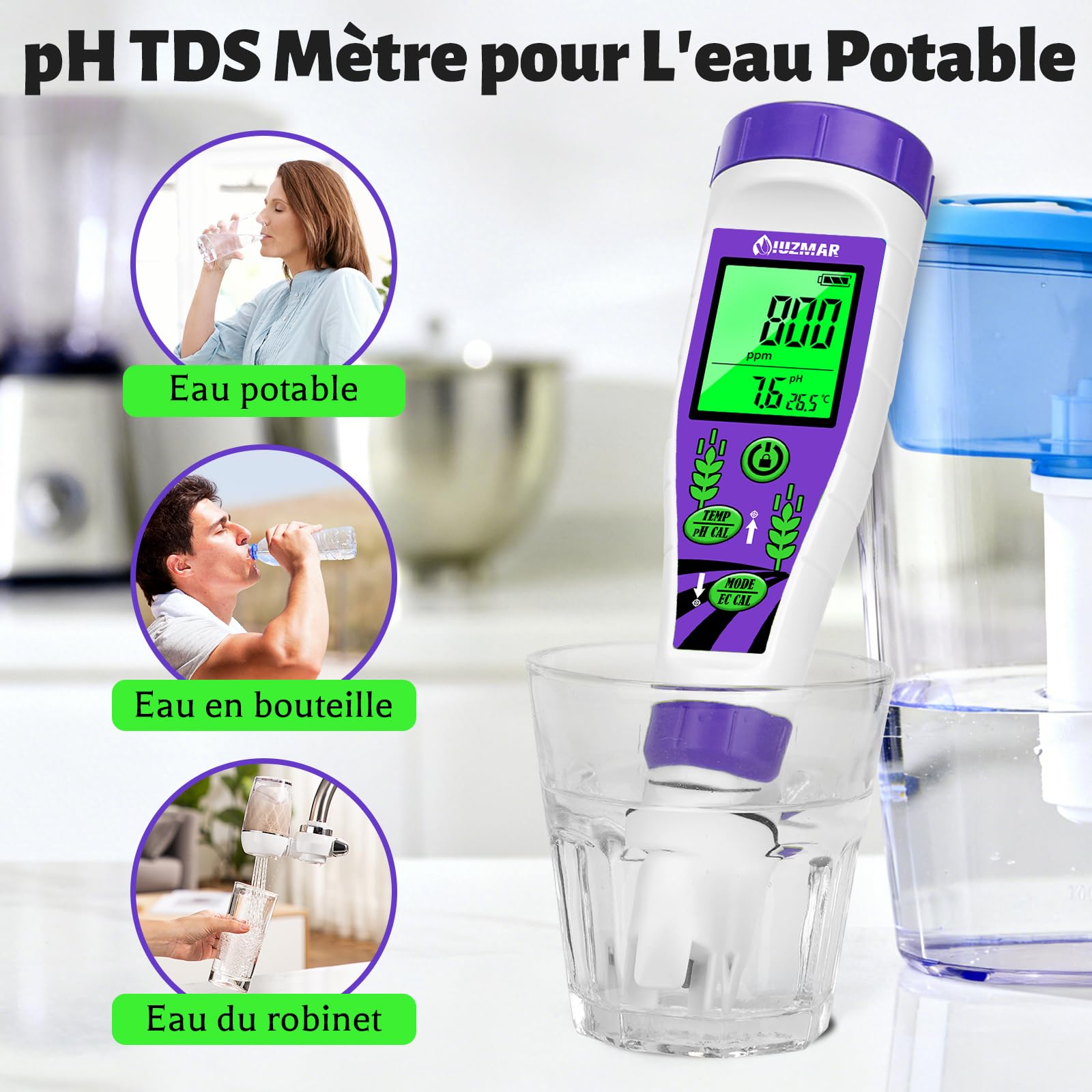 UIUZMAR pH EC Mètre pour L'eau Affichage Simultané pH TDS Temp Testeur | Appareil Numérique 4 en 1 pour Mesurer le pH/TDS/EC/Température de L'eau pour Hydroponique Piscine, Aquarium