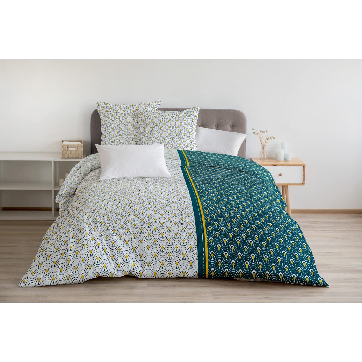 Parure de couette 220x240 cm bleu vert curry 100% coton 57 fils 3 pièces