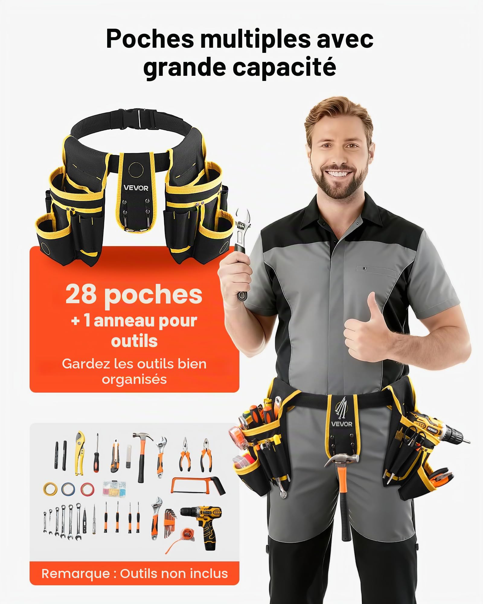VEVOR Ceinture Porte Outil 28 Poches Ceinture à Outils Tour de Taille Ajustable 78,7-121,9 cm Sacoche Charpentier Amovible Réglable Sac à Outils pour Électricien Construction Homme Chantier Bricolage