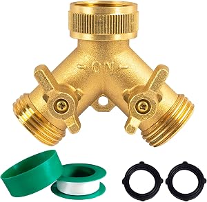 Hourleey Brass Garden Hose Splitter (2 Way), Solid Brass Hose Y Splitter 2 Valves with 2 Extra Rubber Washers (1 Pack)
