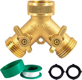 Hourleey Solid Brass 2-Way Garden Hose Splitter Y Connector with Leak-Proof Valves & Extra Washers