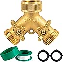 Hourleey Brass Garden Hose Splitter (2 Way), Solid Brass Hose Y Splitter 2 Valves with 2 Extra Rubber Washers (Brass)