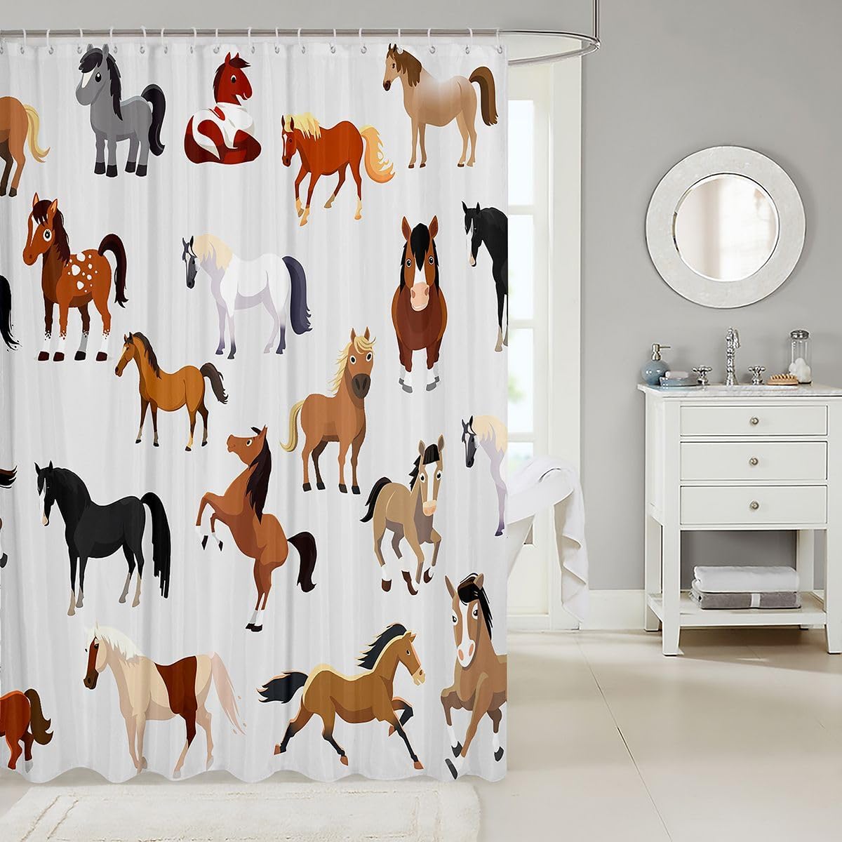 Cartoon Horse Shower Curtain Set for Boys Girls Various Farm Animals Bath Curtain for Child Kids Western Farmhouse Animals Waterproof Shower Curtain Cowboys Wildlife 72" Wx84 L Plain White