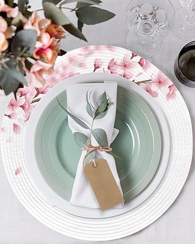 Miniatura 2 de Juego de 4 manteles individuales redondos con diseño floral rosa, lavable, tejido con diseño de flor de cerezo, flor de sakura, rama de árbol,