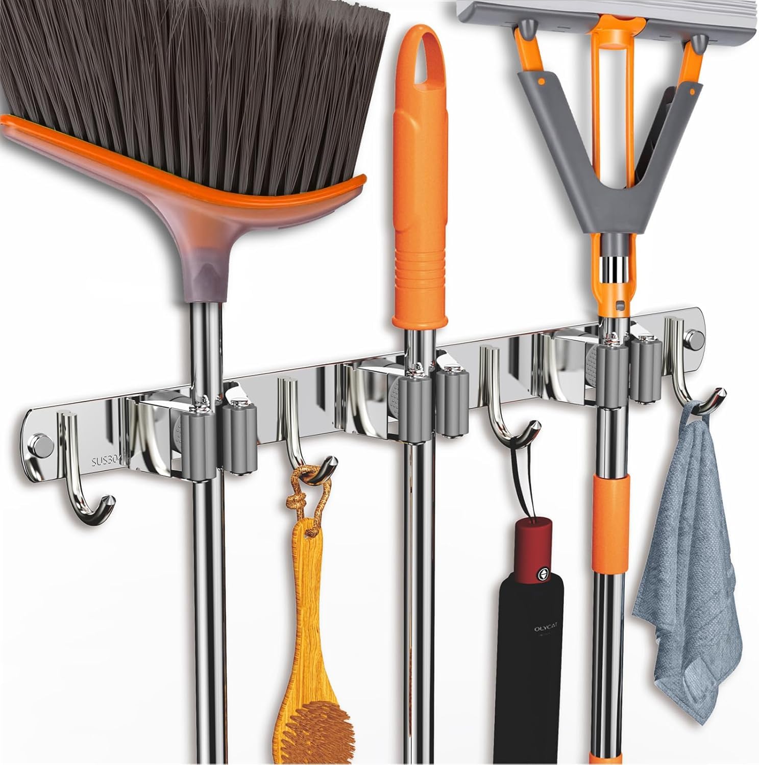 JD FRESH 1 Pcs Stainless Steel Mop and Broom Holder Wall Mount 3 Slot & 4 Hook Anti Slip Heavy Duty Waterproof Broom Hanger Stand Organizer Tool for Kitchen Home Garden Bathroom Garage (Silver)-image-8