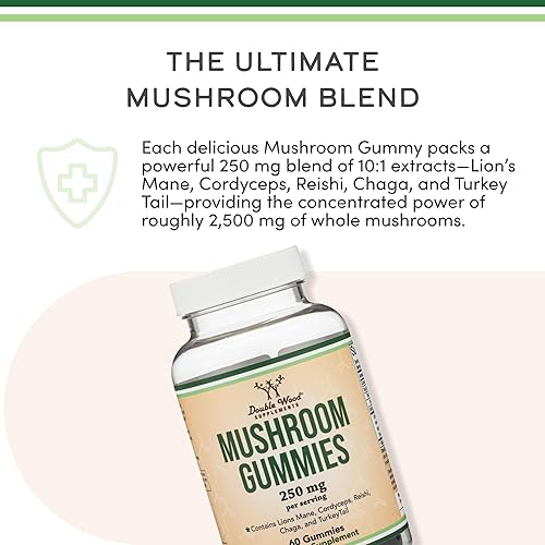 Miniatura 3 de Double Wood Supplements Suplemento de gomitas de hongos, 60 unidades, 2,500 mg equivalentes a 250 mg de melena de león, cordyceps, reishi, chaga y