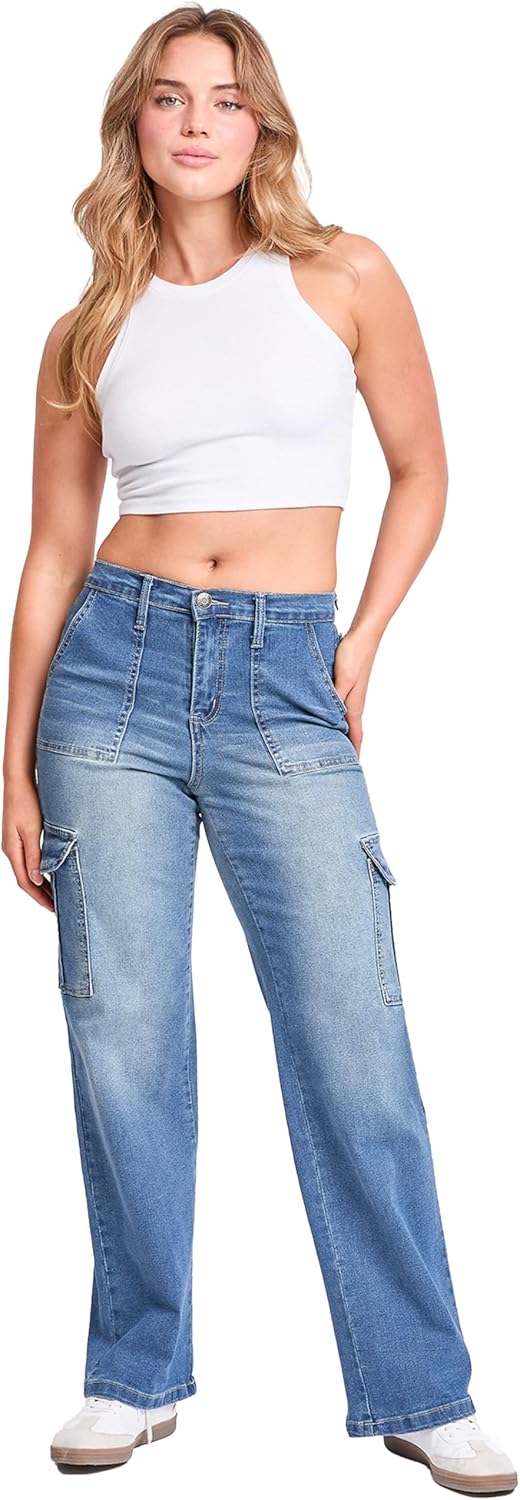 YMI Womens YMI Jeans Women's High Rise Elastic Waist Cargo Straight Leg Jeans - Image 7